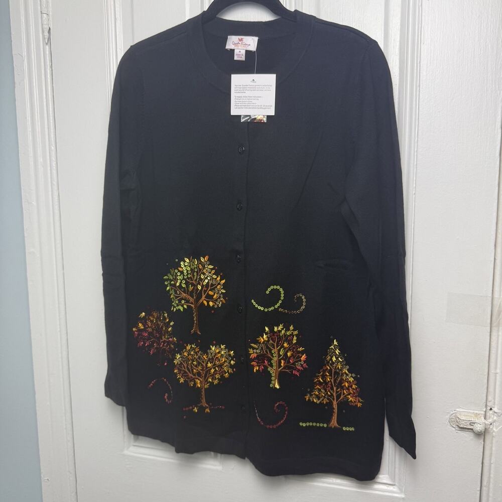Quacker Factory Fall Foliage Cardigan Sweater Womens Medium Black Embroidered